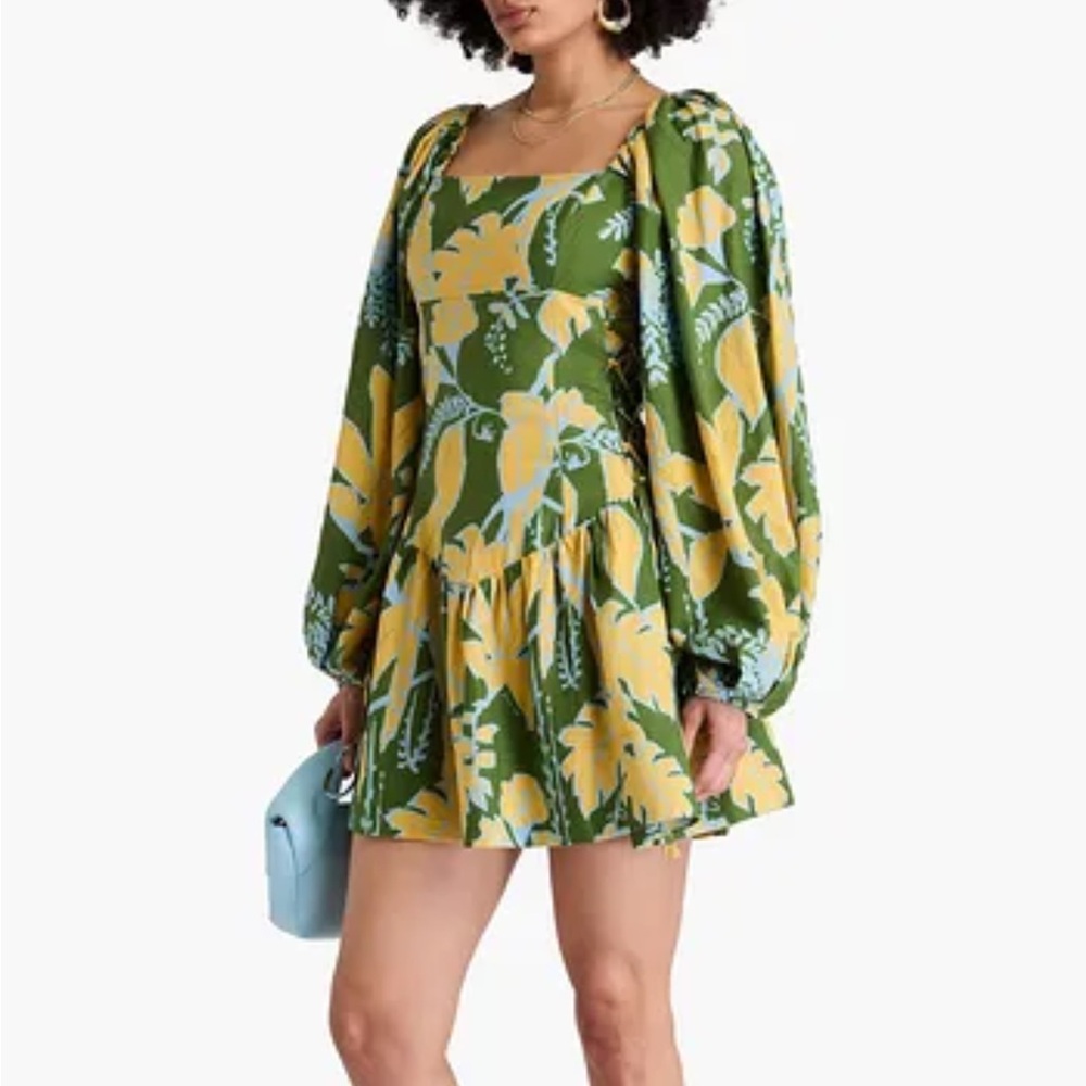 Farm Rio Foliage Sketch Square Neck Mini Dress